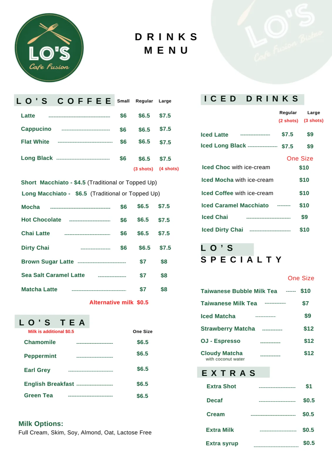Lo's Cafe menu page 8